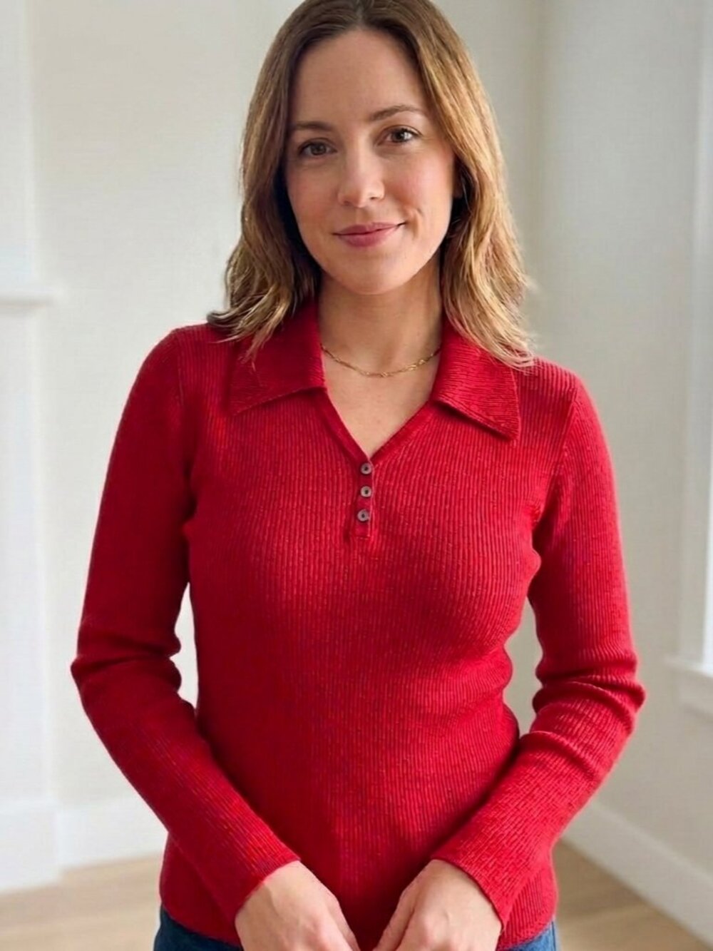 PETITE SOPHISTICATE Ribbed Collared Henley V-Neck Sweater Red Size Small Petite